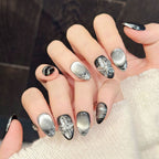 Silver-to-Black Gradient 3D Flower Press-On Nails