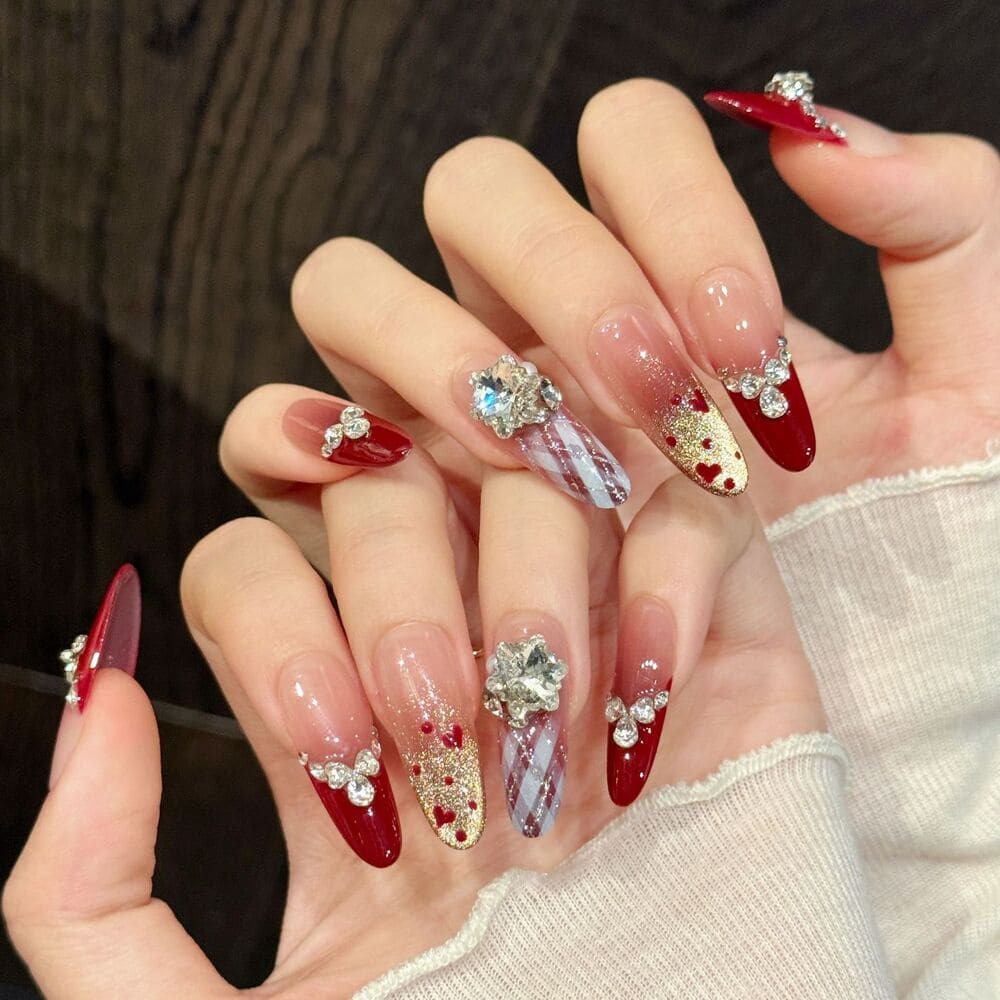 Burgundy French Heart Polka Dot Gem-Stacked Press-On Nails