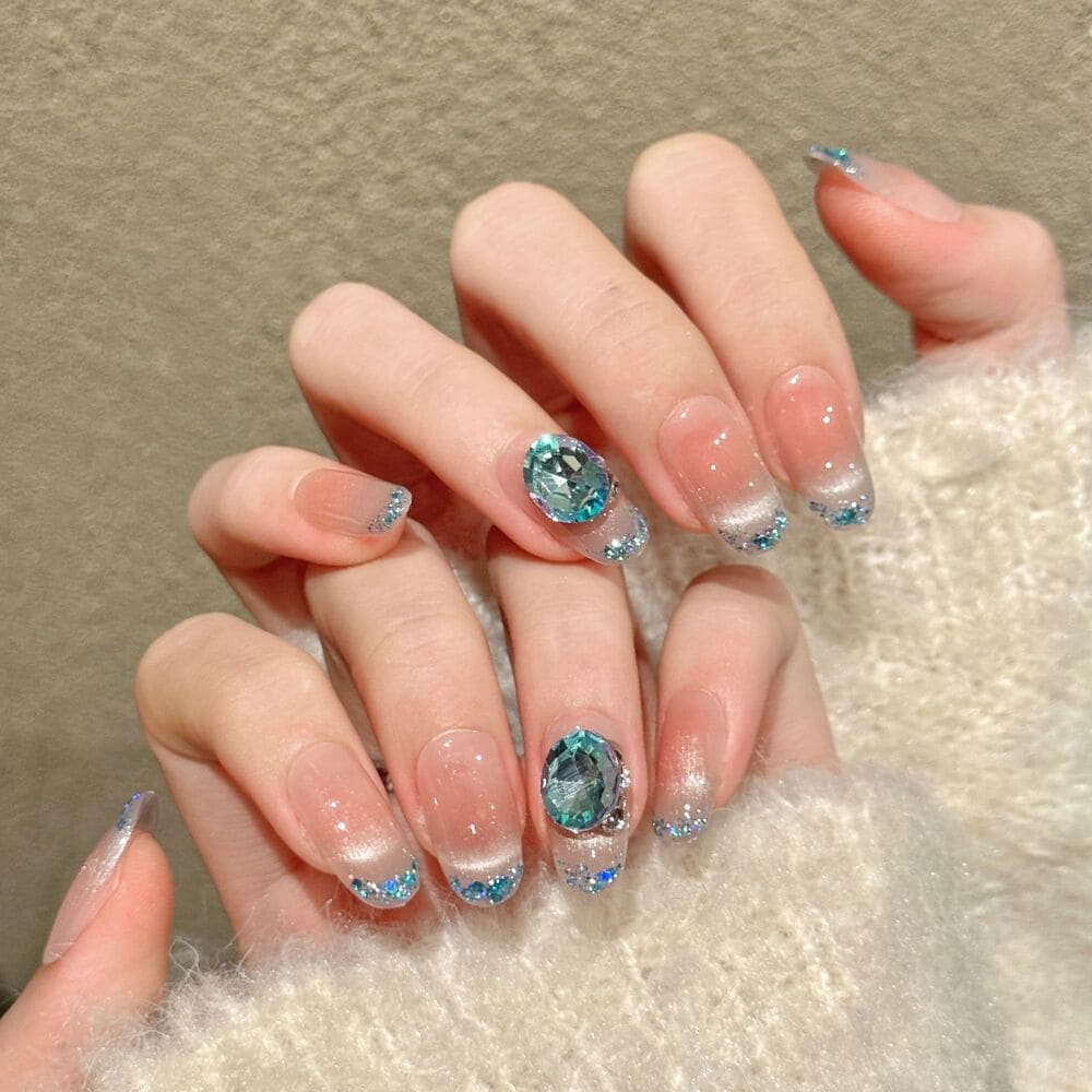 Nude Pink &amp; Blue Diamond Gradient Press-On Nails