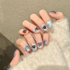 Light Blue & Brown Bow Handmade Press-On Nails