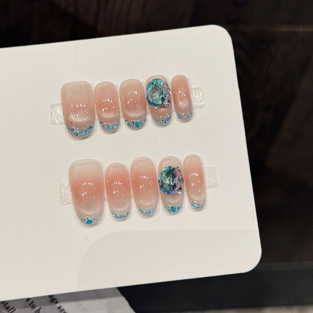 Nude Pink &amp; Blue Diamond Gradient Press-On Nails