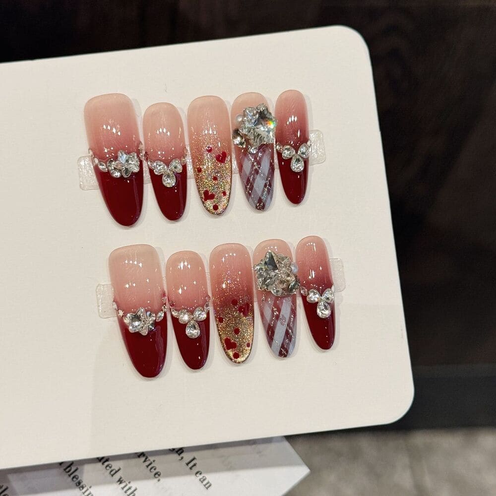 Burgundy French Heart Polka Dot Gem-Stacked Press-On Nails