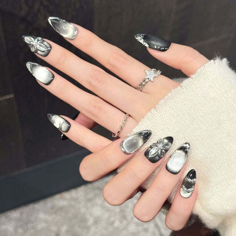 Silver-to-Black Gradient 3D Flower Press-On Nails