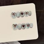 Light Blue & Brown Bow Handmade Press-On Nails