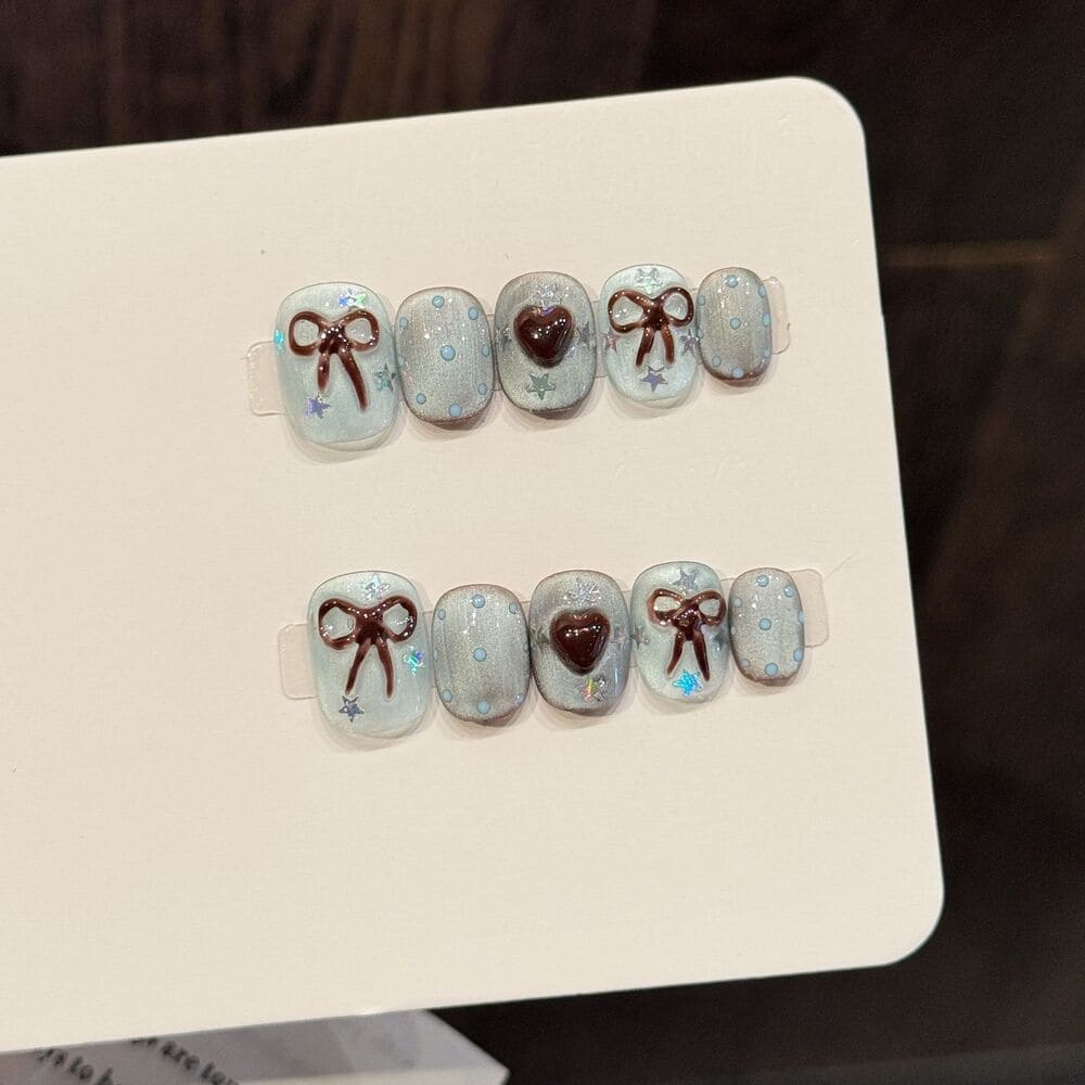 Light Blue & Brown Bow Handmade Press-On Nails