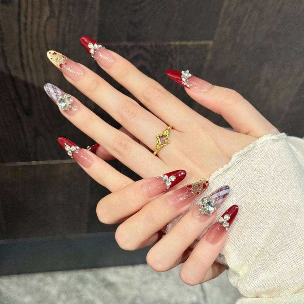 Burgundy French Heart Polka Dot Gem-Stacked Press-On Nails