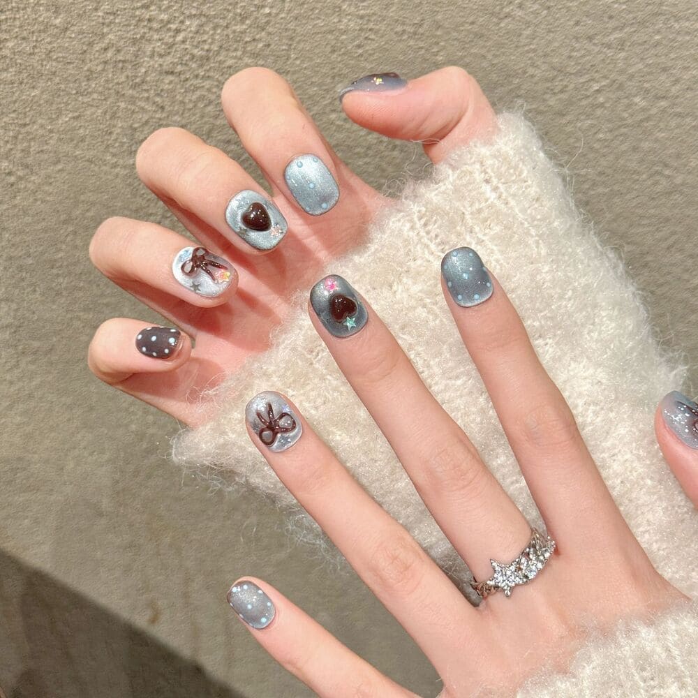 Light Blue & Brown Bow Handmade Press-On Nails