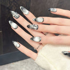 Silver-to-Black Gradient 3D Flower Press-On Nails