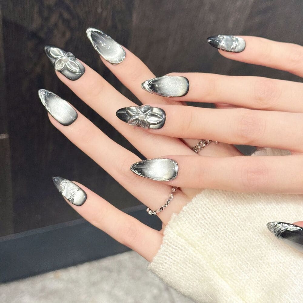 Silver-to-Black Gradient 3D Flower Press-On Nails
