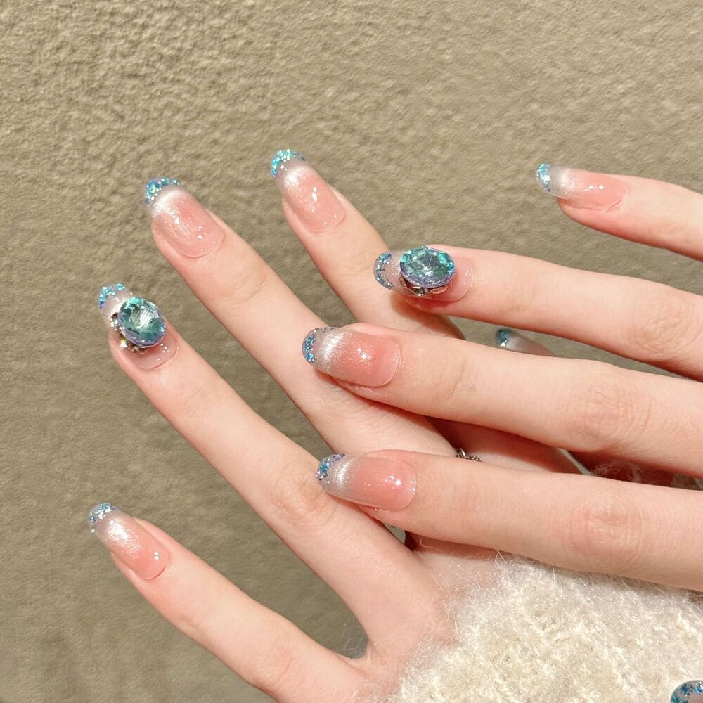 Nude Pink &amp; Blue Diamond Gradient Press-On Nails