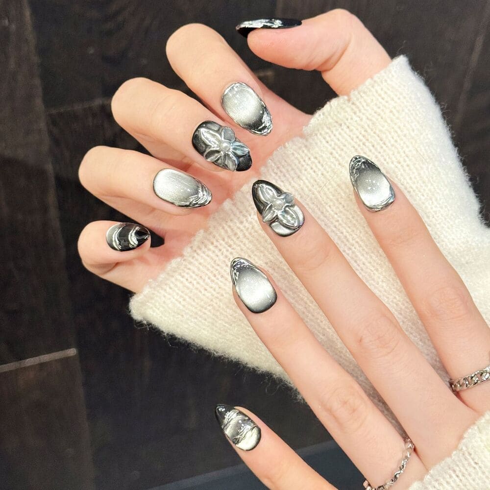 Silver-to-Black Gradient 3D Flower Press-On Nails