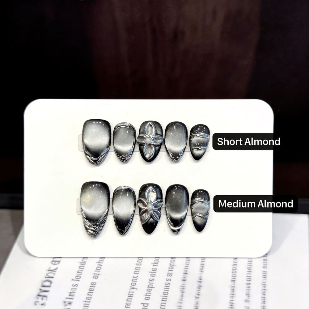 Silver-to-Black Gradient 3D Flower Press-On Nails